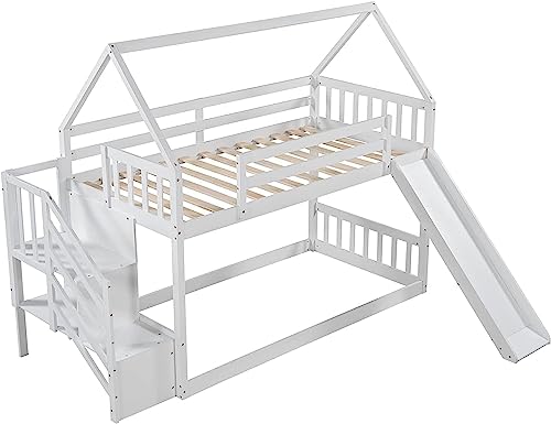 Harper & Bright Designs House Bunk Bed with Stairs,Wooden Kids Bunk Bed Twin Over Twin with Slide, Twin Size Floor Bunk Bed for Girls Boys, No Box Spring Needed, White