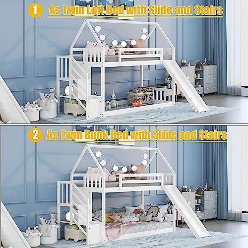 Harper & Bright Designs House Bunk Bed with Stairs,Wooden Kids Bunk Bed Twin Over Twin with Slide, Twin Size Floor Bunk Bed for Girls Boys, No Box Spring Needed, White