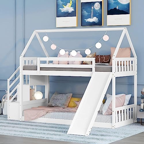 Harper & Bright Designs House Bunk Bed with Stairs,Wooden Kids Bunk Bed Twin Over Twin with Slide, Twin Size Floor Bunk Bed for Girls Boys, No Box Spring Needed, White