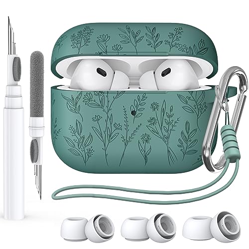 Flower Engraved Case for Apple AirPods Pro 2 Gen,Soft Silicone Protective Case Cover for AirPods Pro 2nd/1st Generation AirPod Case with Clean Kit Carabiner,Lanyard,Front LED Visible,Pine Green