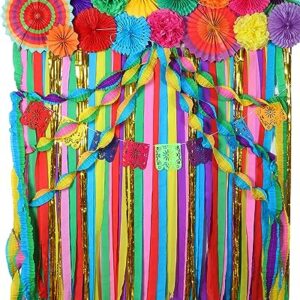 TaoBary Mexican Paper Flowers Mexican Party Decorations Ruffled Streamers Backdrop Foil Curtain Papel Picado Banner Mexico Fiesta Party Decorations for Cinco De Mayo Party Wedding (Fan Flower)