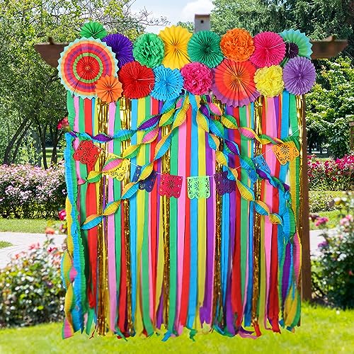 TaoBary Mexican Paper Flowers Mexican Party Decorations Ruffled Streamers Backdrop Foil Curtain Papel Picado Banner Mexico Fiesta Party Decorations for Cinco De Mayo Party Wedding (Fan Flower)