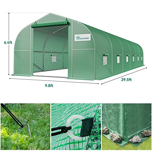 YITAHOME 30x10x6.5ft Greenhouse Large Heavy Duty Outdoor Greenhouses Walk in Tunnel Green House Gardening Upgraded Galvanized Steel Frame Ropes Zipper Doors 7 Crossbars Garden, Green