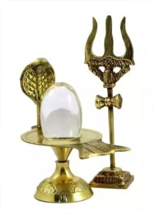 crystal shaligram shiva ling lingam statue with brass plate stand 8 cm decorative pooja shivling healing trishul (golden) 10 cm