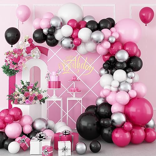 Pink and Black Balloon Garland Kit, 119pcs Black Balloon and Hot Pink Balloon with Macaron Pink Hot Pink Black White Silver Balloon for Birthday Party, Weddings, Baby Shower, Anniversaries