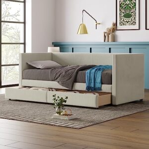harper & bright designs twin size corduroy daybed with 2 storage drawers, modern twin upholstered daybed frame, sofa bed with wood slat, twin storage bed for living room bedroom guest room, beige