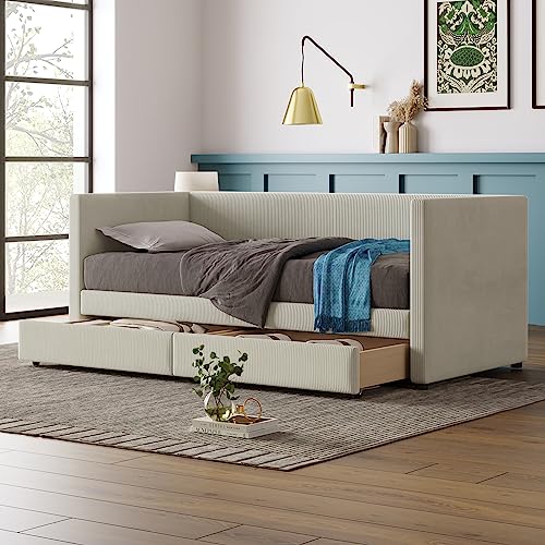 Harper & Bright Designs Twin Size Corduroy Daybed with 2 Storage Drawers, Modern Twin Upholstered Daybed Frame, Sofa Bed with Wood Slat, Twin Storage Bed for Living Room Bedroom Guest Room, Beige