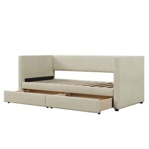 Harper & Bright Designs Twin Size Corduroy Daybed with 2 Storage Drawers, Modern Twin Upholstered Daybed Frame, Sofa Bed with Wood Slat, Twin Storage Bed for Living Room Bedroom Guest Room, Beige