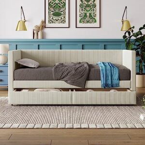 Harper & Bright Designs Twin Size Corduroy Daybed with 2 Storage Drawers, Modern Twin Upholstered Daybed Frame, Sofa Bed with Wood Slat, Twin Storage Bed for Living Room Bedroom Guest Room, Beige