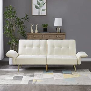 majnesvon modern sofa bed with convertible backrest, convertible armrests and storage pocket for living room, bedroom, office, velvet material (beige)