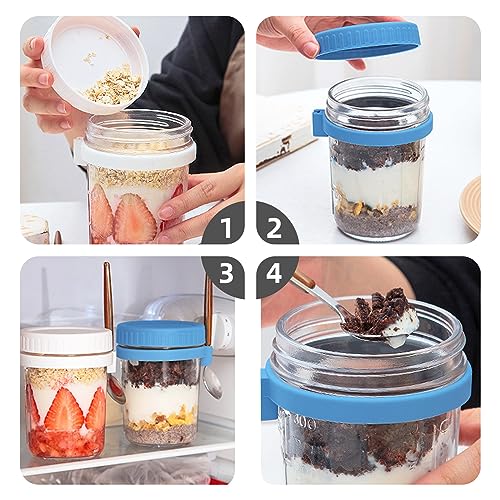 Tecbeauty 4 Pack Overnight Oats Containers with Lids and Spoons, 16 Oz Glass Mason Jars for Cereal, Milk, Vegetable and fruit Salad Oatmeal Container with Measurement Marks