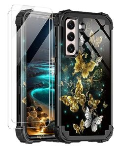 miqala for galaxy s21 fe 5g case,three layer heavy duty shockproof hard plastic bumper +soft silicone rubber protective with 2 screen protector cover for samsung galaxy s21 fe,butterfly
