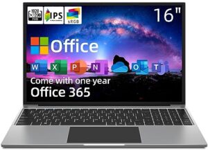 jumper laptop, 16 inch fhd ips display (16:10), intel celeron quad core cpu, 4gb ddr4 128gb storage, windows 11 laptops computer with office 365 1-year subscription, numeric keypad, 4 stereo speakers.