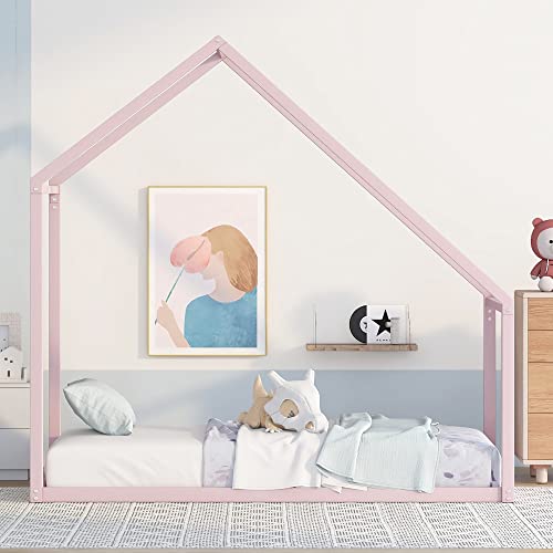 Prohon Montessori Bed for Girls & Boys, Twin Size Toddler Floor Bed Metal Bed Frame, Floor Beds Twin with Fence Rails & Roof Design, No Box Spring Needed, Pink