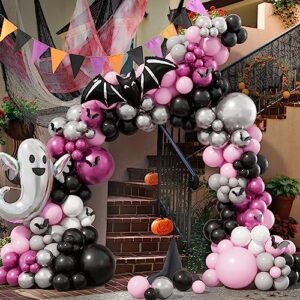 bonropin 179pcs pink halloween balloon garland arch kit with black pink silver balloons ghost bat foil balloons 3d bat sticker for girls pink halloween decoration birthday baby shower party supplies