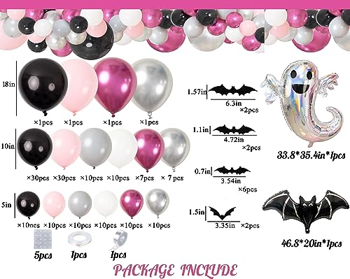 Bonropin 179pcs Pink Halloween Balloon Garland Arch Kit with Black Pink Silver Balloons Ghost Bat Foil Balloons 3D Bat Sticker for Girls Pink Halloween Decoration Birthday Baby Shower Party Supplies