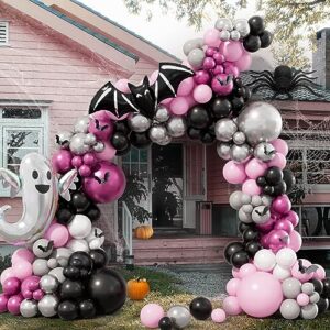 Bonropin 179pcs Pink Halloween Balloon Garland Arch Kit with Black Pink Silver Balloons Ghost Bat Foil Balloons 3D Bat Sticker for Girls Pink Halloween Decoration Birthday Baby Shower Party Supplies