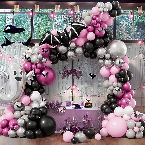 Bonropin 179pcs Pink Halloween Balloon Garland Arch Kit with Black Pink Silver Balloons Ghost Bat Foil Balloons 3D Bat Sticker for Girls Pink Halloween Decoration Birthday Baby Shower Party Supplies