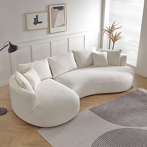 JUSTONE 124.8" Boucle Curved Sofa Cloud Couch for Living Room, Modern Mid-Century Curved Backrest Upholstered Sofa with Pillows, 3-Seat Sofa Couch for Home Apartment Office -Beige