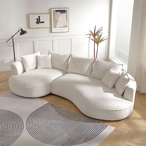 JUSTONE 124.8" Boucle Curved Sofa Cloud Couch for Living Room, Modern Mid-Century Curved Backrest Upholstered Sofa with Pillows, 3-Seat Sofa Couch for Home Apartment Office -Beige