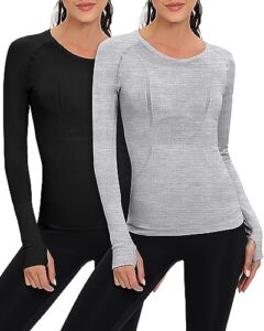 2 pieces women long sleeve workout shirt seamless workout shirts with thumb holes fitted top sports yoga athletic shirt top(black, gray, medium)