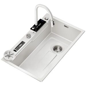 mbros kitchen sink, 304nm stainless steel household sink under the counter, white digital display flying rain waterfall large single sink, pull out hot and cold water faucet (color : b62, size :