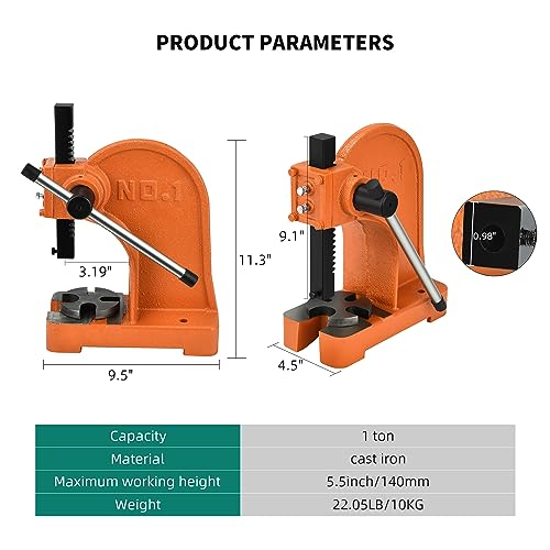 YITAHOME Manual Arbor Press 1 Ton, 5.5 Inch Maximum Height, Heavy Duty Arbor Presses, with Manual Desktop Arbor Press Cast Iron Material, Orange Press Machine for Riveting Punching Holes