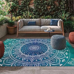 Outdoor Rugs, Waterproof Indoor Carpet, Blue and Green Medallion Custom 4'x6' Outside Area Rug for Patios RV Camping Beach Floor Mat for Balcony Bed Room Living Room Dining Room Mat