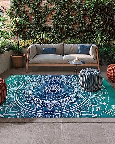 Outdoor Rugs, Waterproof Indoor Carpet, Blue and Green Medallion Custom 4'x6' Outside Area Rug for Patios RV Camping Beach Floor Mat for Balcony Bed Room Living Room Dining Room Mat