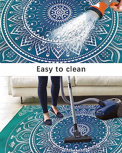 Outdoor Rugs, Waterproof Indoor Carpet, Blue and Green Medallion Custom 4'x6' Outside Area Rug for Patios RV Camping Beach Floor Mat for Balcony Bed Room Living Room Dining Room Mat