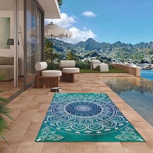 Outdoor Rugs, Waterproof Indoor Carpet, Blue and Green Medallion Custom 4'x6' Outside Area Rug for Patios RV Camping Beach Floor Mat for Balcony Bed Room Living Room Dining Room Mat