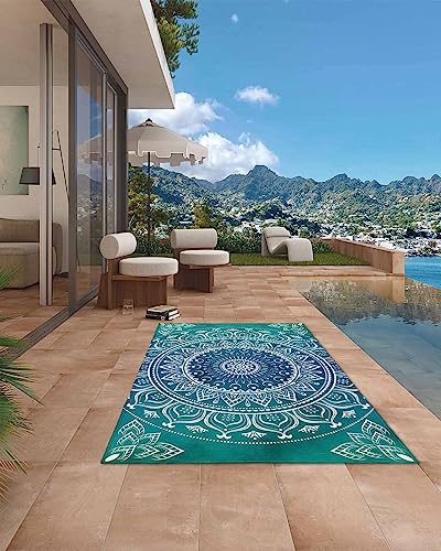 Outdoor Rugs, Waterproof Indoor Carpet, Blue and Green Medallion Custom 4'x6' Outside Area Rug for Patios RV Camping Beach Floor Mat for Balcony Bed Room Living Room Dining Room Mat