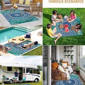 Outdoor Rugs, Waterproof Indoor Carpet, Blue and Green Medallion Custom 4'x6' Outside Area Rug for Patios RV Camping Beach Floor Mat for Balcony Bed Room Living Room Dining Room Mat