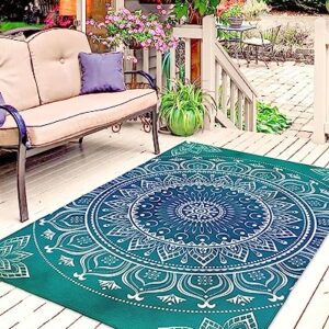 Outdoor Rugs, Waterproof Indoor Carpet, Blue and Green Medallion Custom 4'x6' Outside Area Rug for Patios RV Camping Beach Floor Mat for Balcony Bed Room Living Room Dining Room Mat