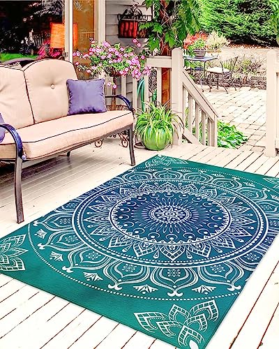 Outdoor Rugs, Waterproof Indoor Carpet, Blue and Green Medallion Custom 4'x6' Outside Area Rug for Patios RV Camping Beach Floor Mat for Balcony Bed Room Living Room Dining Room Mat