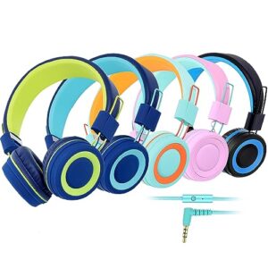 cn-outlet 5 pack kids headphones bulk for school classroom students teens toddler, wired adjustable headsets for libraries families childern and adults (mixed colors with mic)