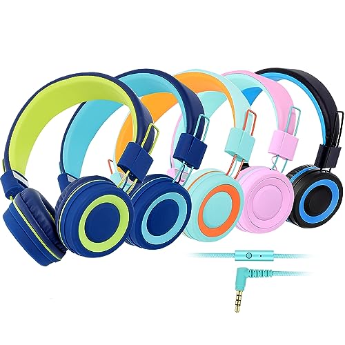 CN-Outlet 5 Pack Kids Headphones Bulk for School Classroom Students Teens Toddler, Wired Adjustable Headsets for Libraries Families Childern and Adults (Mixed Colors with MIC)