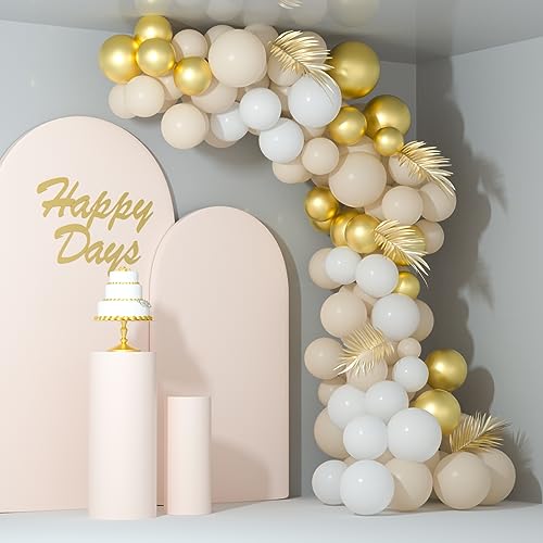 NEBURORA White Sand Gold Balloons Garland Arch Kit 60pcs 12inch Sand White and Metallic Gold Balloon Kit for Birthday Anniversary Celebrations and Boho Wedding Party