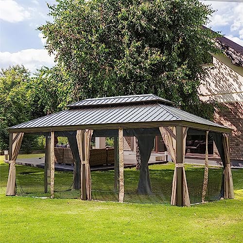 Evedy 12'x20' Hardtop Gazebo, Outdoor Aluminum Frame Canopy with Galvanized Steel Double Roof, Outdoor Permanent Metal Pavilion with Curtains and Netting for Patio,Backyard and Lawn