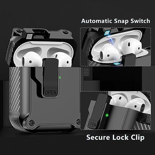 Airpods Case Cover with Cleaner kit,Automatic Snap Switch Design with Secure Lock Clip Protection for Apple Airpods 2nd/1st Generation Charging Case（Black）