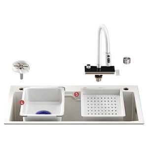 mbros kitchen sink, 304nm stainless steel household sink under the counter, white digital display flying rain waterfall large single sink, pull out hot and cold water faucet (color : b61, size :