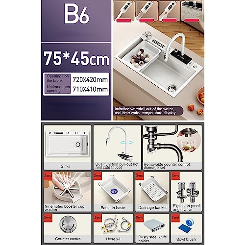 MBROS Kitchen Sink, 304nm Stainless Steel Household Sink Under The Counter, White Digital Display Flying rain Waterfall Large Single Sink, Pull Out hot and Cold Water Faucet (Color : B61, Size :