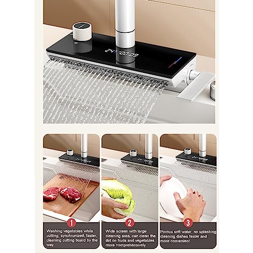 MBROS Kitchen Sink, 304nm Stainless Steel Household Sink Under The Counter, White Digital Display Flying rain Waterfall Large Single Sink, Pull Out hot and Cold Water Faucet (Color : B61, Size :