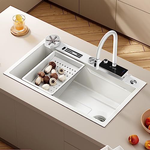 MBROS Kitchen Sink, 304nm Stainless Steel Household Sink Under The Counter, White Digital Display Flying rain Waterfall Large Single Sink, Pull Out hot and Cold Water Faucet (Color : B61, Size :