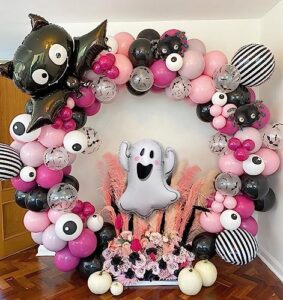 pink halloween party decorations for girls, 139pcs pink black purple balloons arch kit with bat ghost spider mylar balloon for girls kids halloween birthday baby shower party supplies…