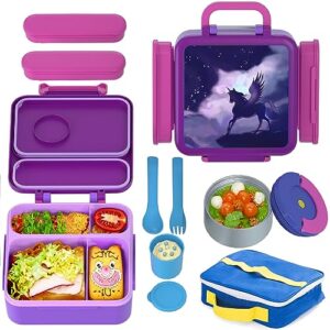 haixin bento box for kids - insulated lunch box with thermos for hot food, leak-proof kids lunch box with cutlery and snack box, 4-compartments lunch container for school outdoors office (purple)