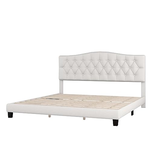 GERDIOEB Queen Full King Size Bed Frame, Upholstered Platform Bed with Saddle Curved Headboard & Diamond Tufted Details, Wood Slat Support, No Box Spring Needed for Bedroom Boys Girls, Beige (King)