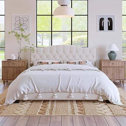 GERDIOEB Queen Full King Size Bed Frame, Upholstered Platform Bed with Saddle Curved Headboard & Diamond Tufted Details, Wood Slat Support, No Box Spring Needed for Bedroom Boys Girls, Beige (King)