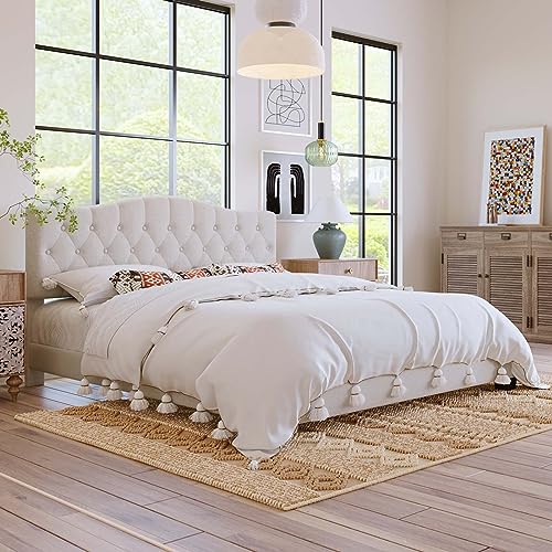 GERDIOEB Queen Full King Size Bed Frame, Upholstered Platform Bed with Saddle Curved Headboard & Diamond Tufted Details, Wood Slat Support, No Box Spring Needed for Bedroom Boys Girls, Beige (King)