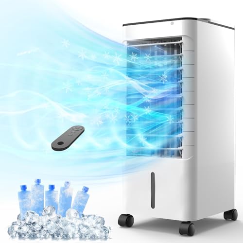 Portable Air Conditioners, 3-IN-1 Evaporative Air Cooler with Remote, 3 Modes 3 Speeds &12H Timer, 1.16Gal Portable AC, 5 Ice Packs & 4 Wheels, 45° Oscillation, Quiet Swamp Cooler for Room Home Office